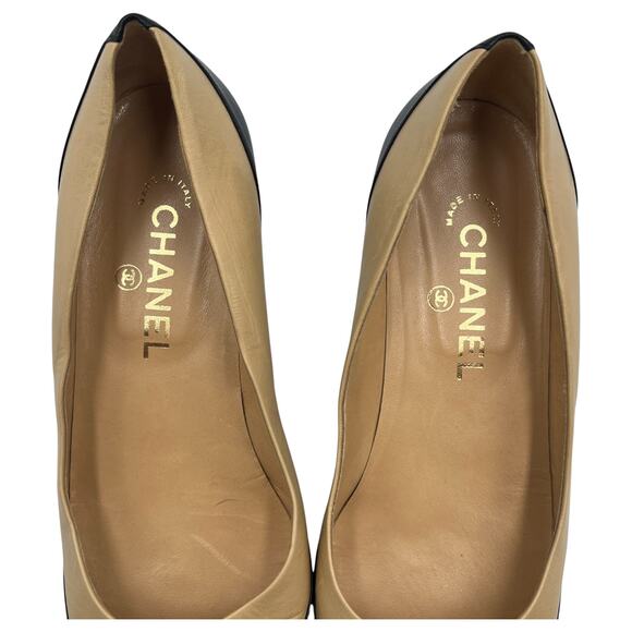 Chanel Interlocking CC Logo Cap Toe Ballet Flats Shoes Beige Black 37.5 US 7.5 - Picture 8 of 10
